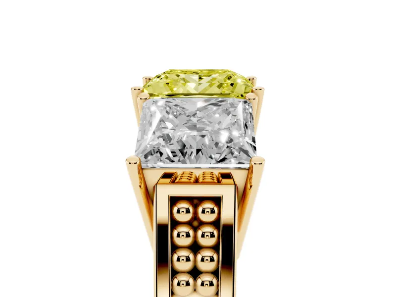 Princess Cut Three Stone Engagement Ring Setting for a Fancy Yellow Lab-Grown Diamond | Beaded Shoulders | Yellow Gold