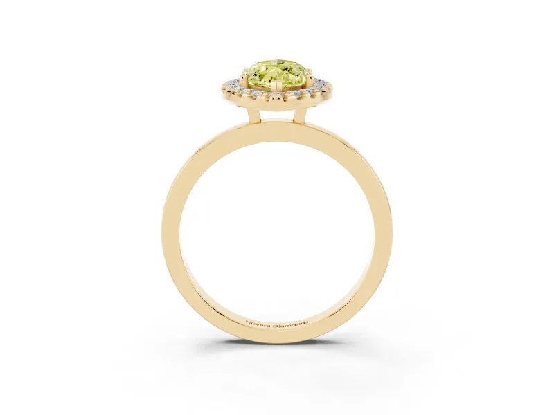 Fancy Yellow Marquise Cut Diamond Halo Solitaire Ring Set in Yellow gold with Pavé Band and Prong Setting