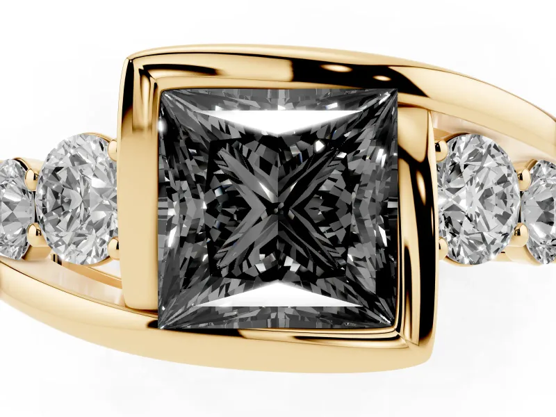 Fancy Black Princess Cut Diamond Bezel Bypass Ring Set in Yellow gold with Round Accents