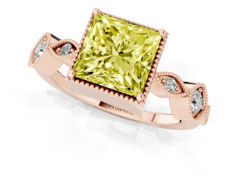 Fancy Yellow Princess Cut Diamond Vintage-Inspired Milgrain Ring Set in Rose gold with Marquise Stations of Round Accents