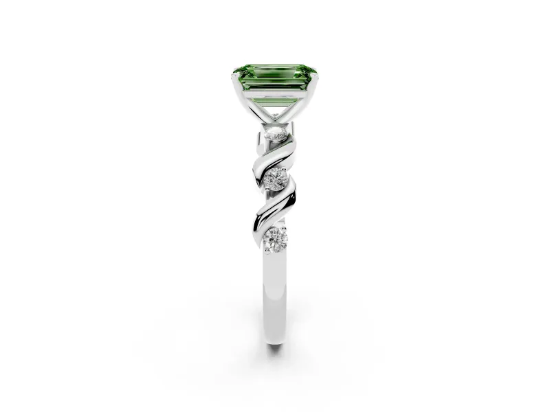Emerald Cut Ribbon Twist Engagement Ring Setting for a Fancy Green Lab-Grown Diamond | Accented Shoulders | White Gold