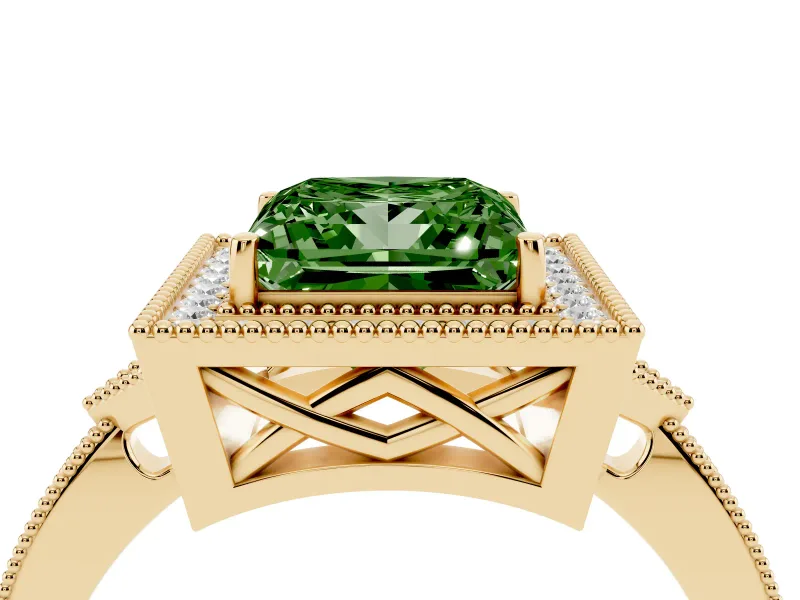 Fancy Green Princess Cut Diamond Halo Engagement Ring Set in Yellow gold with Milgrain Pavé Band