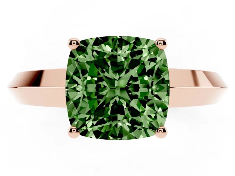 Fancy Green Cushion Cut Diamond Solitaire Engagement Ring Set in Rose gold with Flat Band and Prong Setting