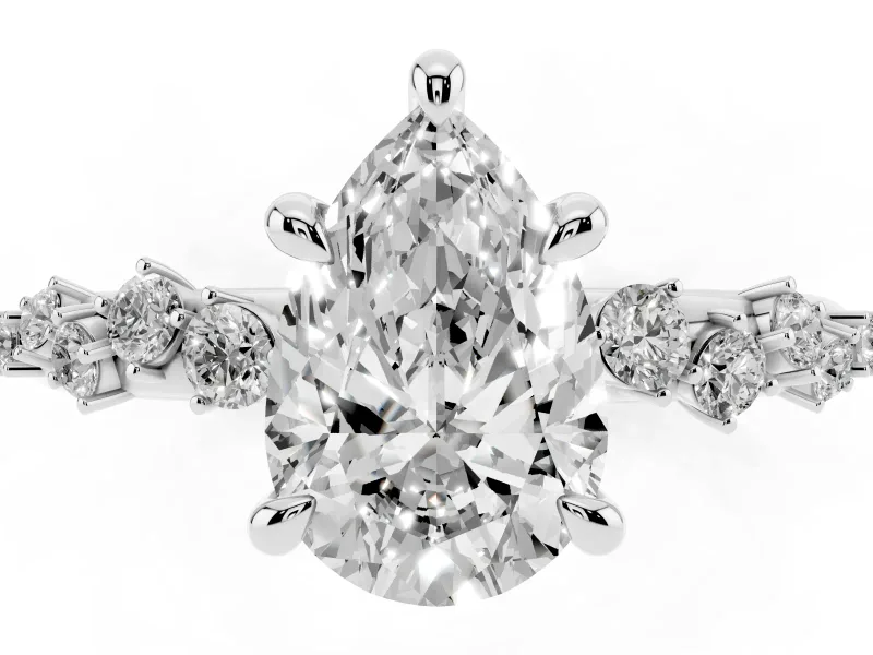 Pear Cut Diamond Solitaire Vine Band Ring Set in White gold with Round Accents and Prong Setting