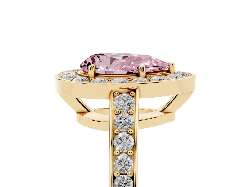 Fancy Pink Pear Cut Diamond Halo Pavé Engagement Ring Set in Yellow gold with Bezel Setting