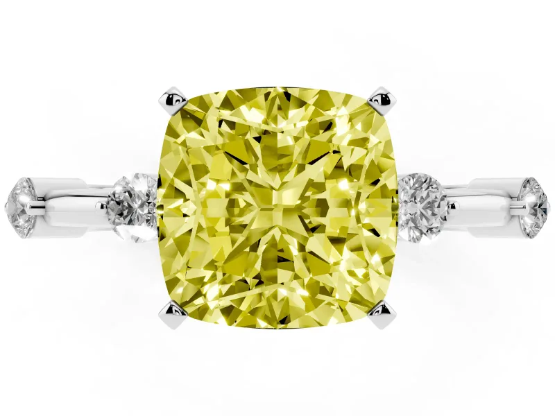 Fancy Yellow Cushion Cut Diamond Solitaire Ring Set in White gold with Bezel Set Side Stones and Prong Setting