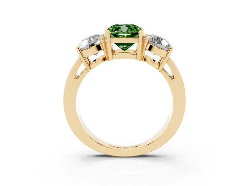 Cushion Cut Three Stone Engagement Ring Setting for a Fancy Green Lab-Grown Diamond | Wide Plain Band | Yellow Gold
