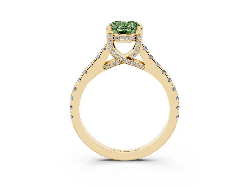 Oval Hidden Halo Pave Engagement Ring Setting for a Fancy Green Lab-Grown Diamond | Claw Prongs | Yellow Gold