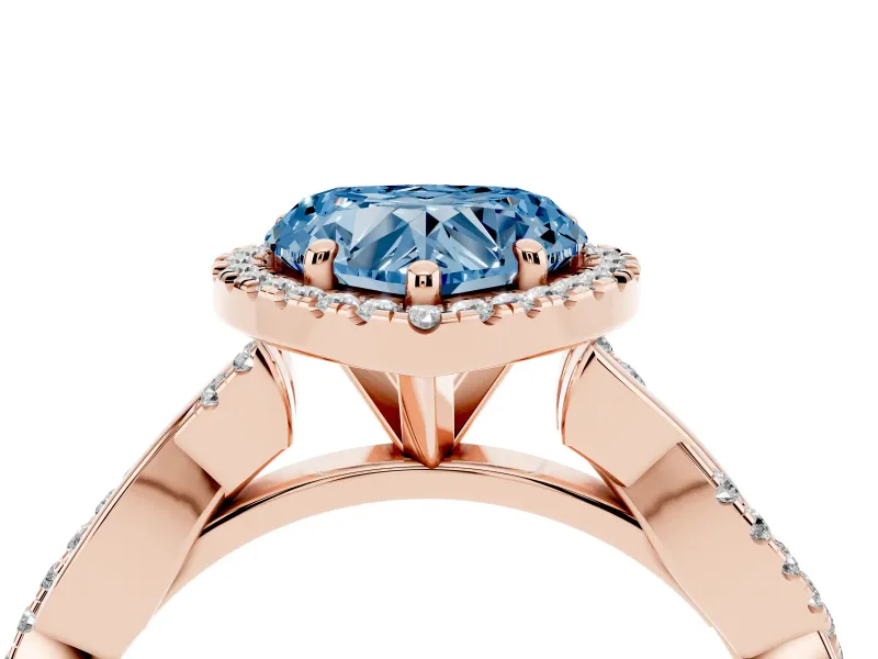 Fancy Blue Heart Cut Diamond Halo Twisted Band Ring Set in Rose gold with Prong Setting
