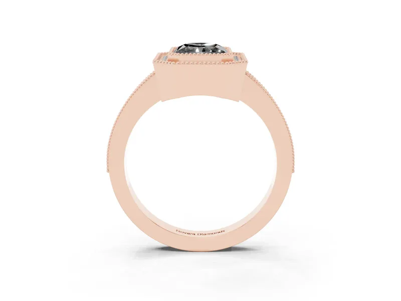 Fancy Black Radiant Cut Diamond Halo Engagement Ring Set in Rose gold with Pavé Band and Round Halo Stones