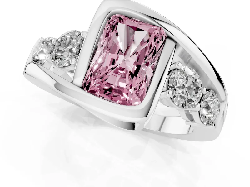 Fancy Pink Radiant Cut Diamond Bezel Bypass Ring Set in White gold with Round Accents