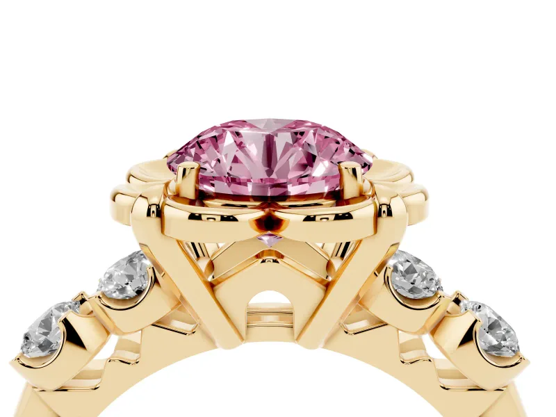 Round Floral Engagement Ring Setting for a Fancy Pink Lab-Grown Diamond | Petal Frame | Yellow Gold