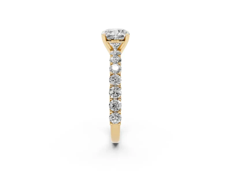 Cushion Cut Shared Prong Engagement Ring Setting | Two-Row Band | Yellow Gold