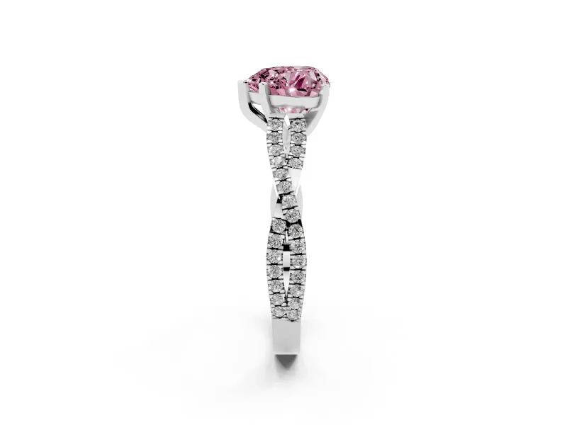 Fancy Pink Heart Cut Diamond Solitaire Engagement Ring Set in White gold with Twisted Pavé Band and Prong Setting