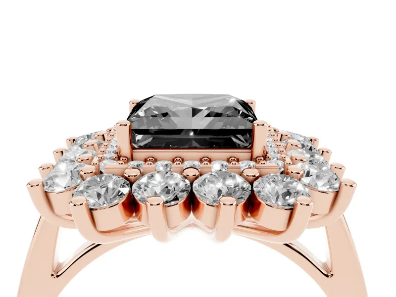 Princess Cut Floral Double Halo Engagement Ring Setting for a Black Center | Plain Band | Rose Gold