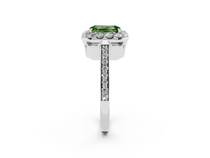 Fancy Green Emerald Cut Diamond Floral Halo Ring Set in Silver with Pavé Band and Prong Setting