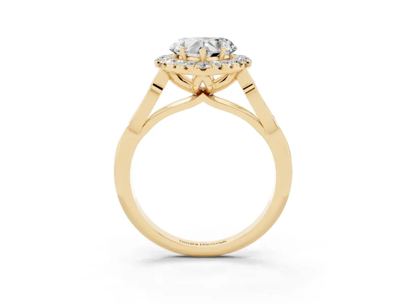 Heart Cut Diamond Halo Engagement Ring Set in Yellow gold with Filigree Band and Prong-Set Center