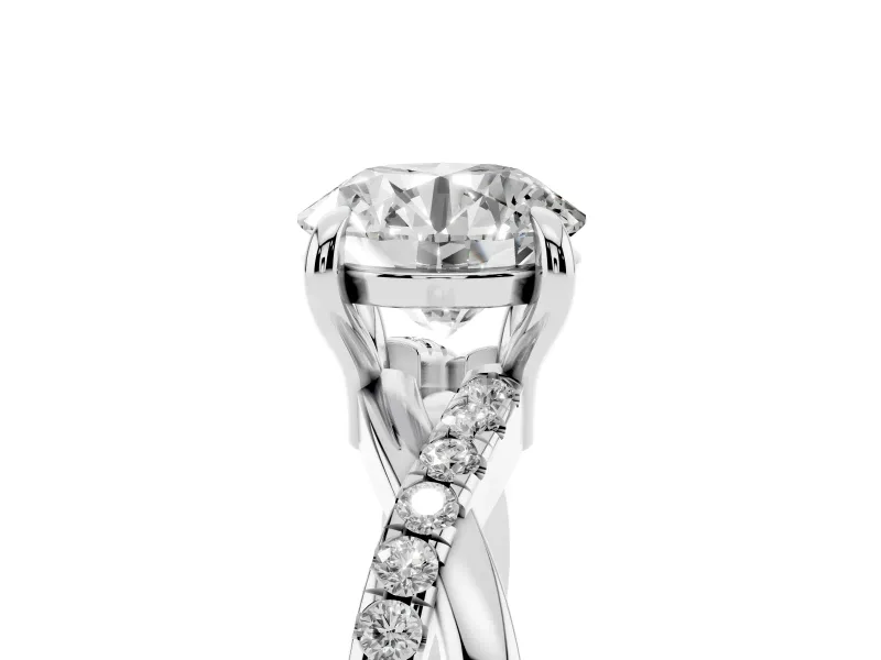 Round Cut Diamond Twist Band Solitaire Set in White gold with Pavé Accents and Prong Setting