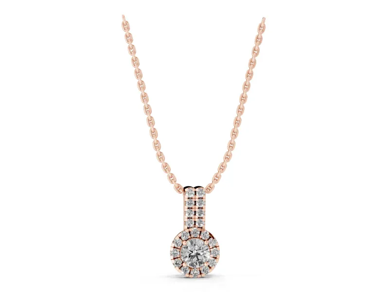Round Lab-Grown Diamond Halo Pendant Necklace | Elongated Bail | Rose Gold