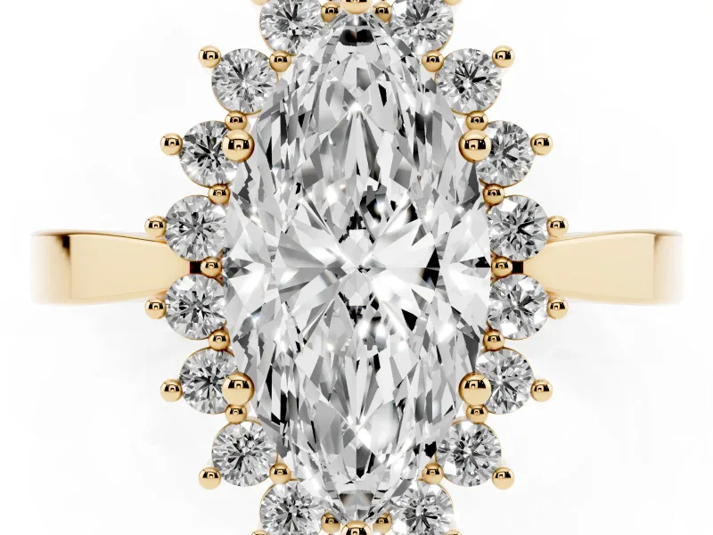 Marquise Cut Diamond Halo Ring Set in Yellow gold with Round Halo and Smooth Solitaire Band