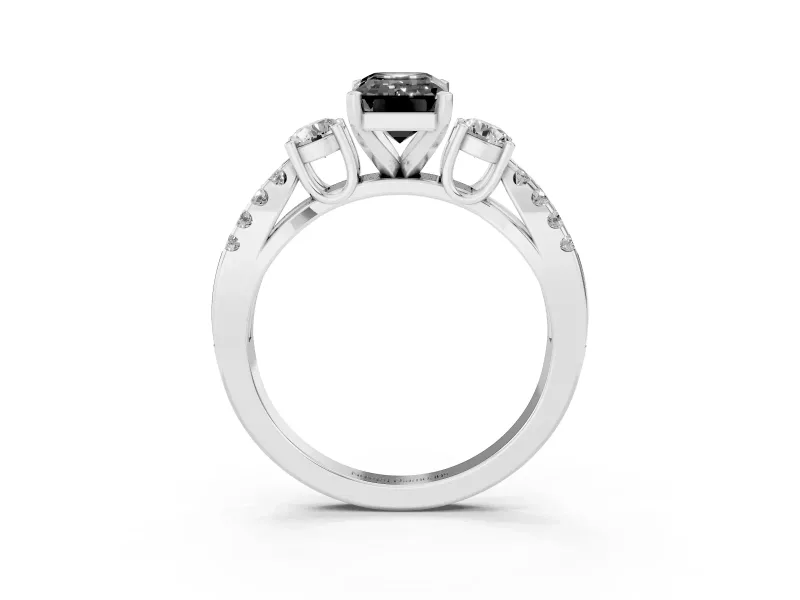 Fancy Black Emerald Cut Diamond Three-Stone Ring Set in Platinum with Pavé Split Shank and Prong Setting