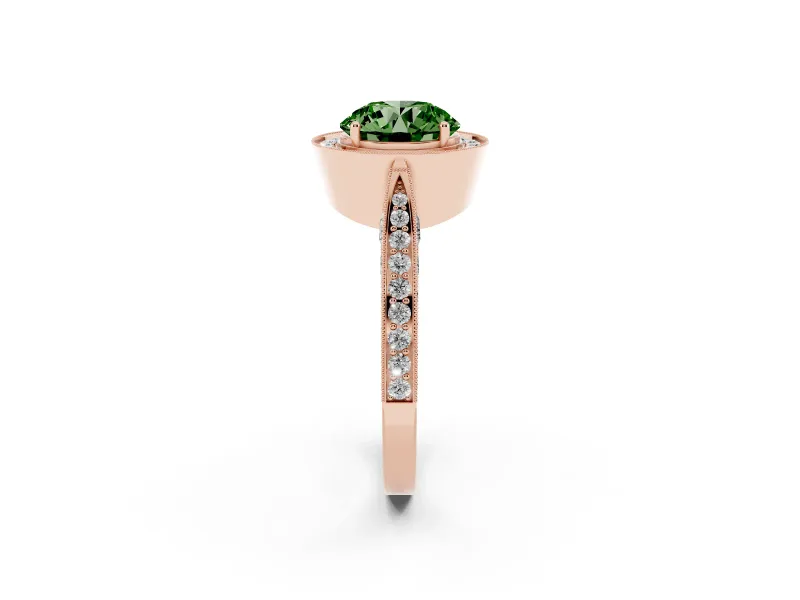 Round Milgrain Halo Engagement Ring Setting for a Fancy Green Lab-Grown Diamond | Side Stones | Rose Gold