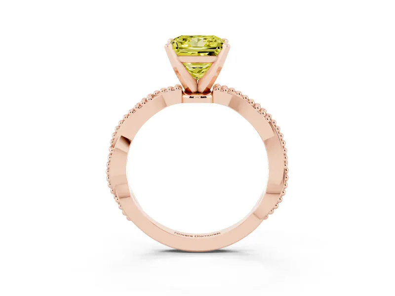 Fancy Yellow Princess Cut Diamond Solitaire Ring Set in Rose gold with Twisted Band and Bead Prong Setting