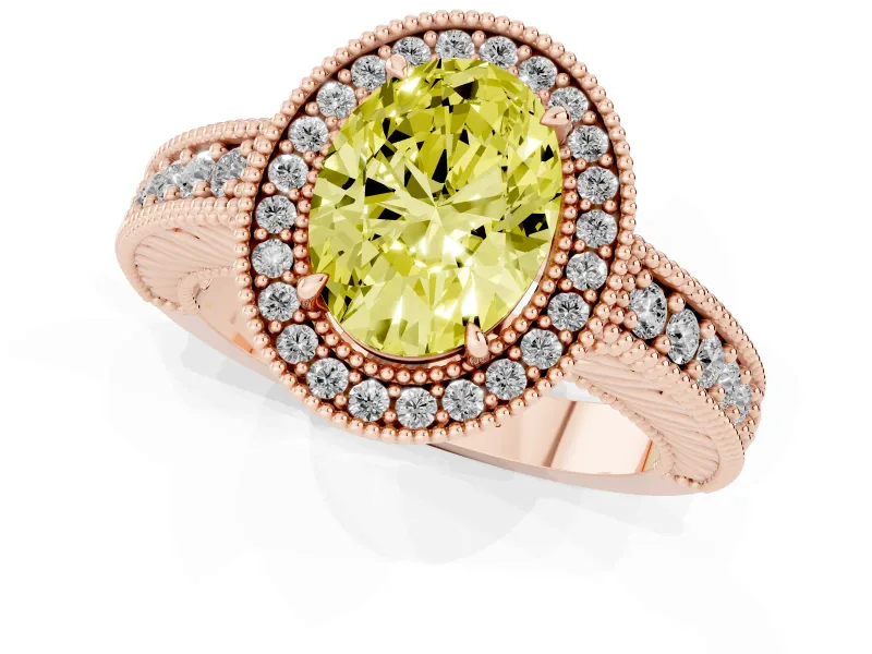 Fancy Yellow Oval Cut Diamond Halo Ring Set in Rose gold with Round Accent Halo, Pavé Band and Prong Setting