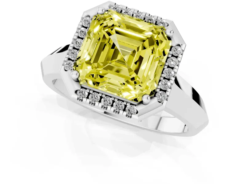 Fancy Yellow Asscher Cut Diamond Halo Ring Set in White gold with Cathedral Band and Prong Setting