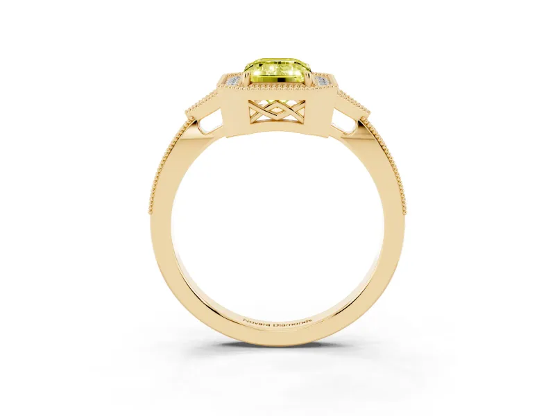 Fancy Yellow Emerald Cut Diamond Halo Engagement Ring Set in Yellow gold with Milgrain Pavé Band