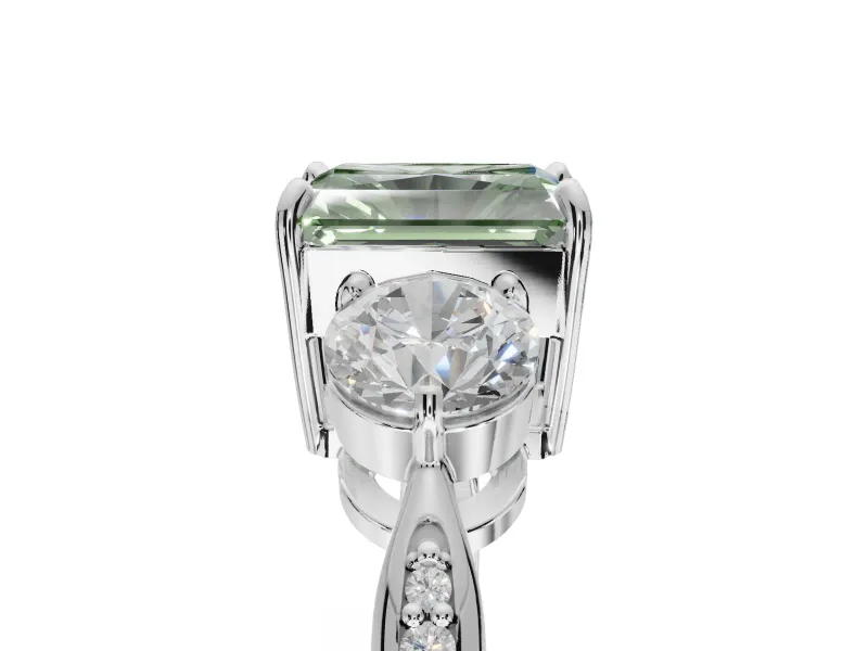 Radiant Cut Three Stone Engagement Ring Setting for a Fancy Green Lab-Grown Diamond | Tapered Pave Band | Platinum