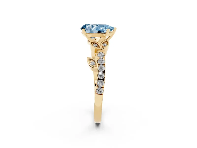 Fancy Blue Pear Cut Diamond Solitaire Leaf-Inspired Ring Set in Yellow gold with Pavé Band and Prong Setting