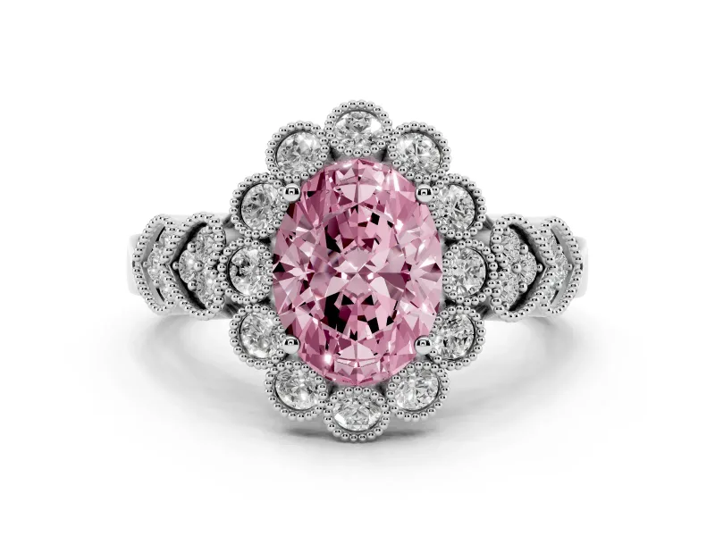 Fancy Pink Oval Cut Diamond Solitaire Ring Set in White gold with Milgrain Pavé Heart Band