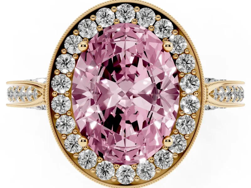 Oval Milgrain Halo Engagement Ring Setting for a Fancy Pink Lab-Grown Diamond | Side Stones | Yellow Gold