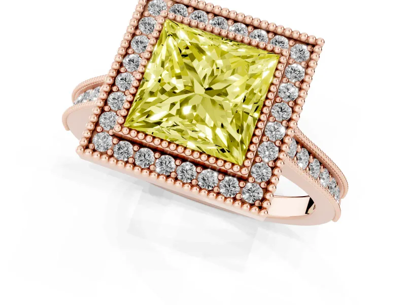 Princess Cut Vintage Milgrain Halo Engagement Ring Setting for a Fancy Yellow Lab-Grown Diamond | Bezel Head | Rose Gold