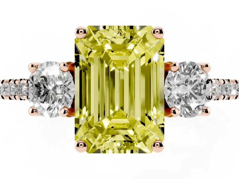 Emerald Cut Three Stone Engagement Ring Setting for a Fancy Yellow Lab-Grown Diamond | Pave Shoulders | Rose Gold