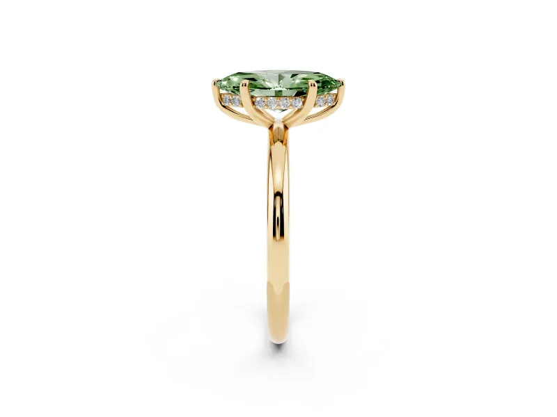 Fancy Green Marquise Cut Diamond Solitaire Ring Set in Yellow gold with Thin Band and Prong Setting