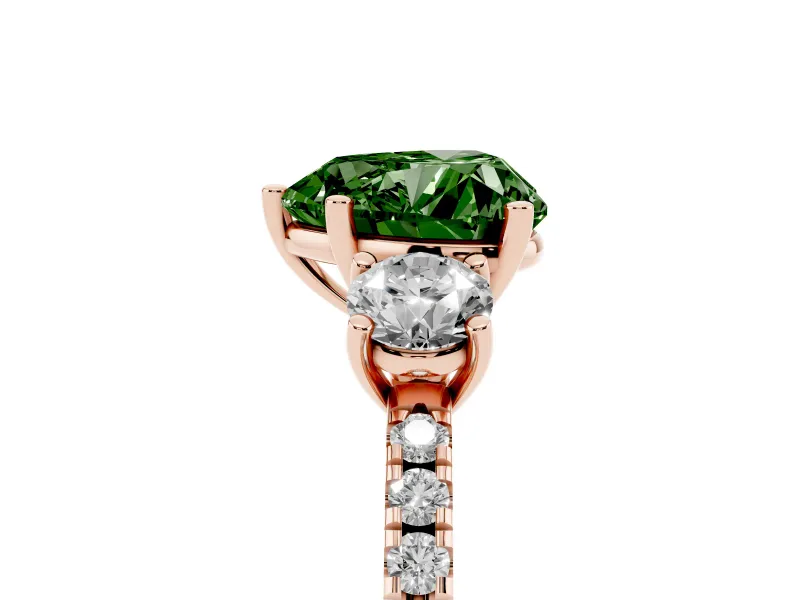 Fancy Green Heart Cut Diamond Three-Stone Ring Set in Rose gold with Pavé Band and Graduated Sides