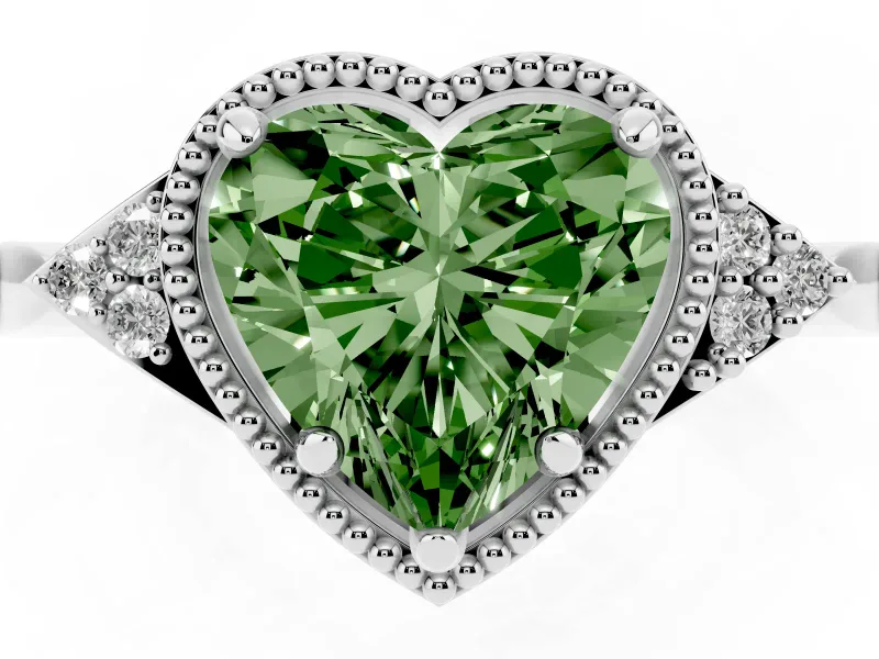 Fancy Green Heart Cut Diamond Milgrain Solitaire Ring Set in Silver with Tapered Pavé Band and Prong Setting