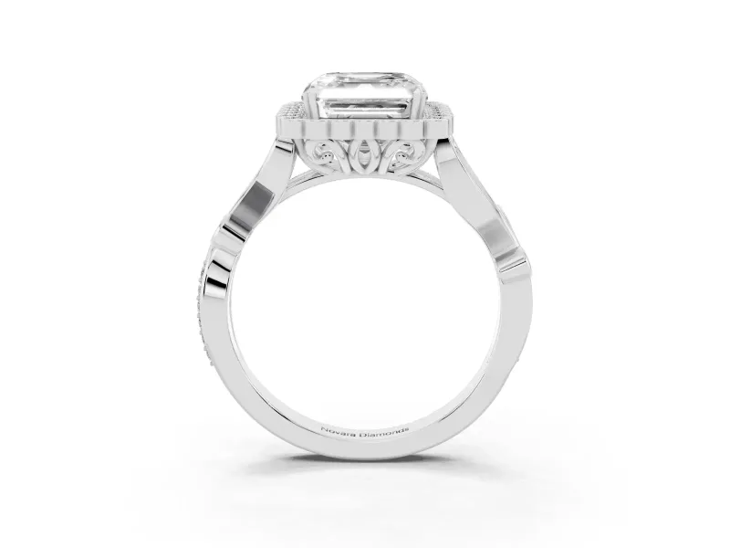 Asscher Cut Vintage Leaf Halo Engagement Ring Setting | Graduated Vine Shank | White Gold