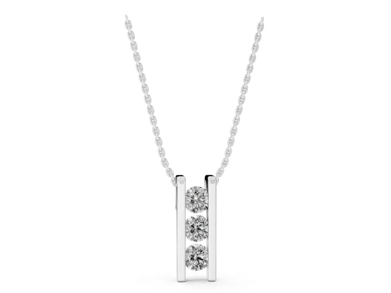 Round Lab-Grown Diamond Three-Stone Channel Set Bar Pendant | Squared Ends | White Gold
