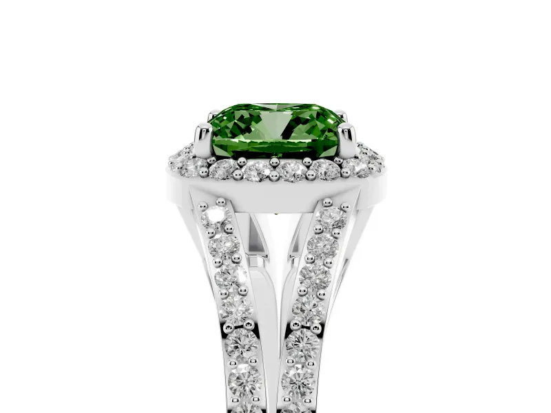Fancy Green Cushion Cut Diamond Halo Split Shank Pavé Ring Set in Silver with Prong Setting