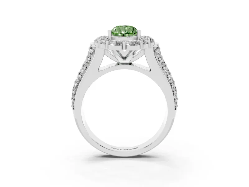 Fancy Green Pear Cut Diamond Halo Engagement Ring Set in Platinum with Split Shank and Prong Setting