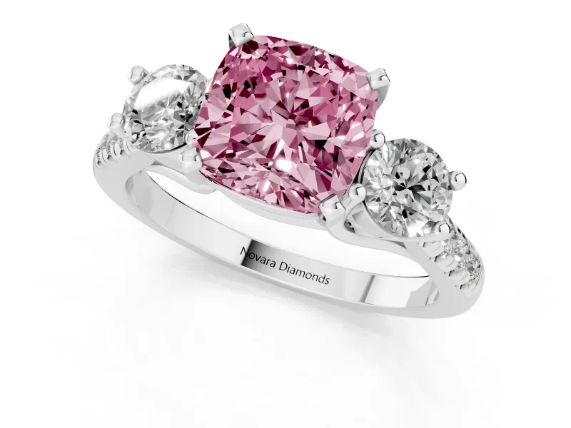 Fancy Pink Three-Stone Cushion Cut Diamond Pavé Band Ring Set in Silver with Prong-Set Trio