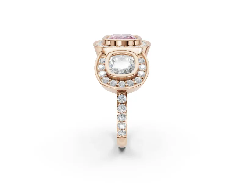 Cushion Cut Three Stone Halo Engagement Ring Setting for a Fancy Pink Lab-Grown Diamond | Rose Gold