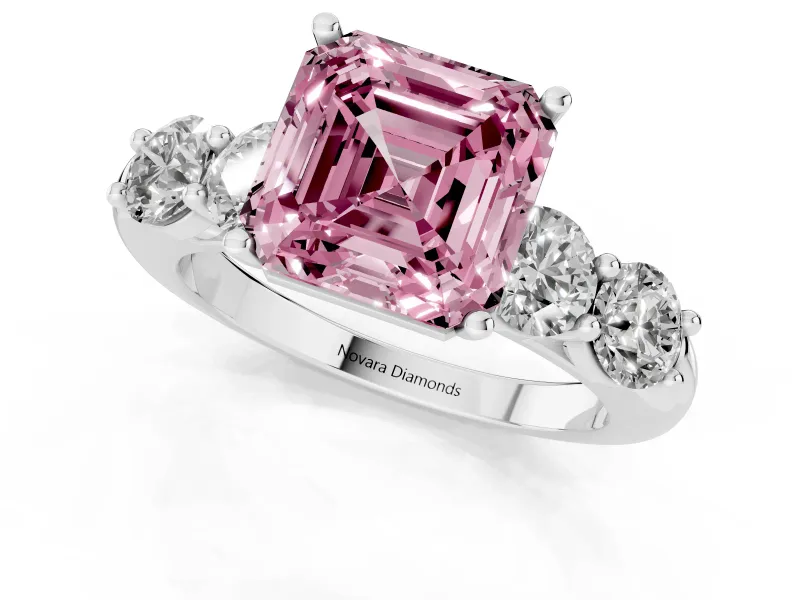 Asscher Cut Five Stone Engagement Ring Setting for a Fancy Pink Lab-Grown Diamond | Prong Set Side Stones | White Gold