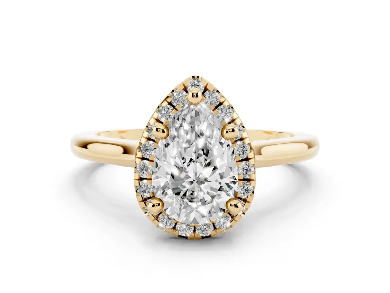 Pear Cut Diamond Halo Engagement Ring Set in Yellow gold with Pavé Band and Rising Shoulders