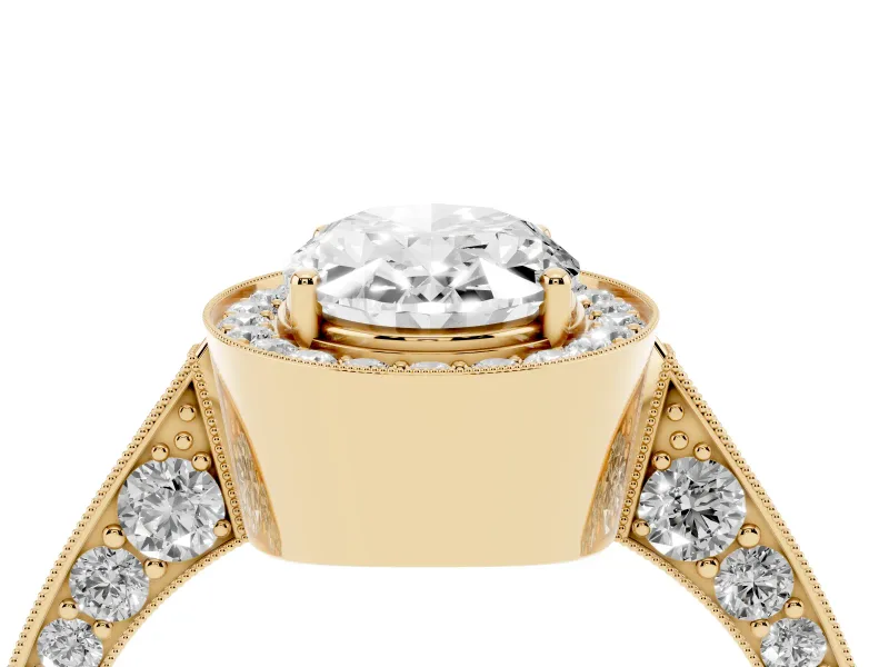 Oval Vintage Milgrain Halo Engagement Ring Setting | Side Stones and Pave | Yellow Gold