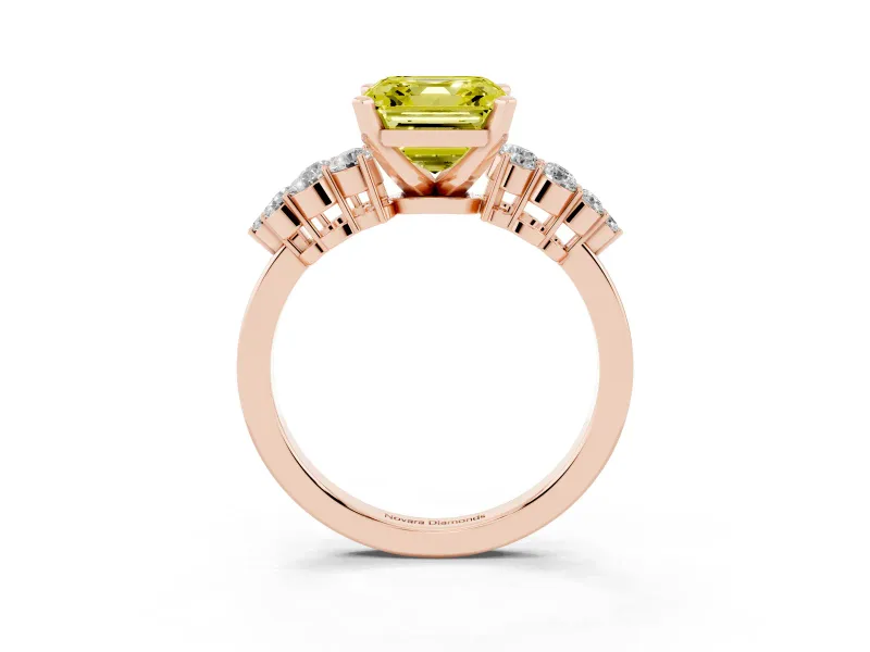 Fancy Yellow Asscher Cut Diamond Cluster Engagement Ring Set in Rose gold with Pavé Band and Prong Setting