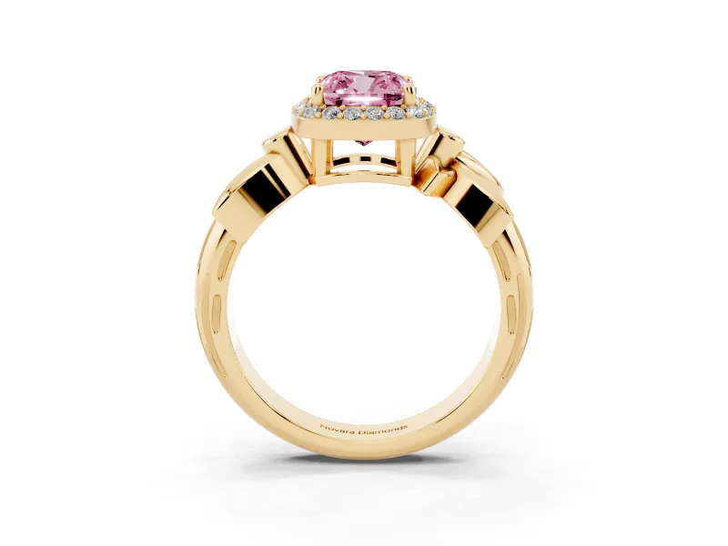 Cushion Cut Floral Halo Engagement Ring Setting for a Fancy Pink Lab-Grown Diamond | Yellow Gold